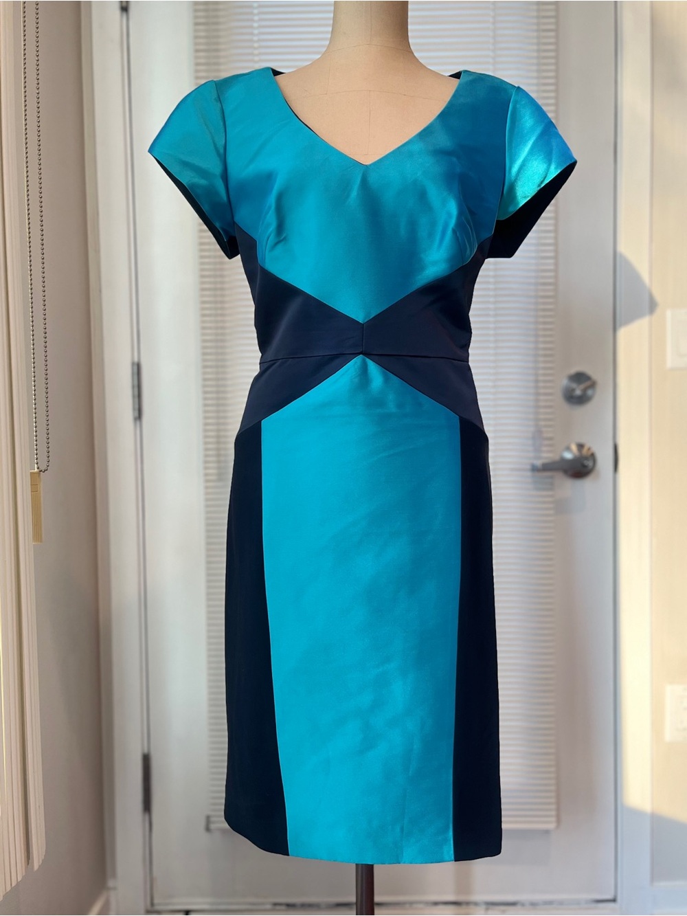 Theia Teal and Black Colorblock Midi Dress - Picture 1 of 7